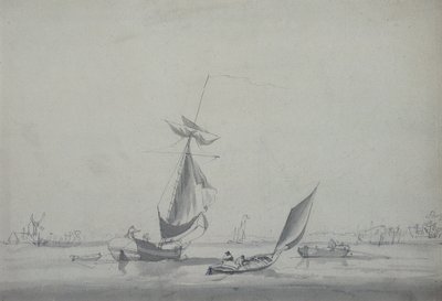 Vissersboten: Laaggelegen Kust, met een Windmolen aan de Linkerkant door William Anderson